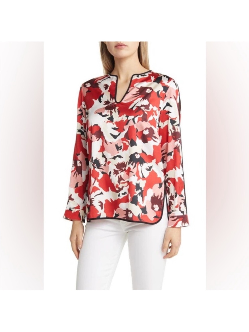 Ming Wang Red Multi Floral Split Sleeve Blouse